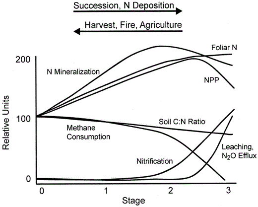 Changes in several ecosystem functions with increasing Nr availability or degree of N saturation (modified from Aber et al. 1998). Abbreviations: C, carbon; N, nitrogen; N2O, nitrous oxide; NPP, net primary productivity.